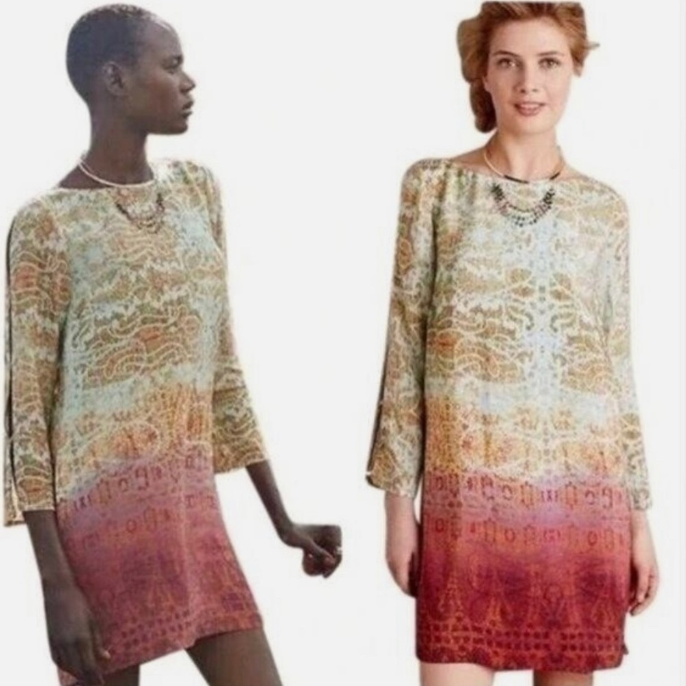 Anthropologie Maeve Cleome Silk Tunic Ombre Paisley Long-Sleeve Shift Dress Sz L